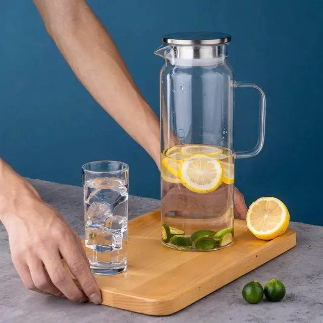 Alt view image 5 of 7 - Set of 2 Glass Pitcher with Lid,2 Quart (64 oz / 1.9 Liter) Leak Proof,Glass Water Jugs, BPA-Free,Microwave & Dishwasher Safe Pitcher,Sun & Iced Tea, Sangria,Cold Brew Coffee & More