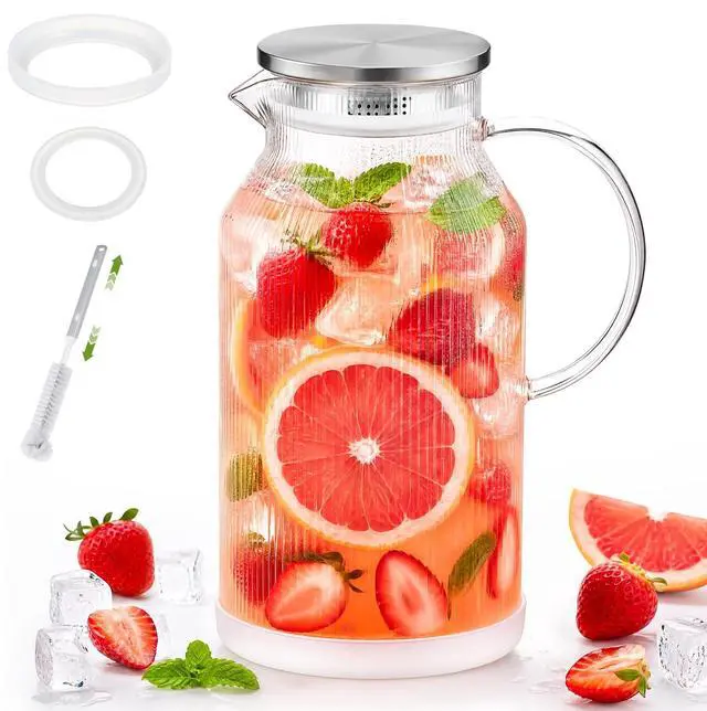 Main image of 1 Gallon/3.8L Glass Pitcher with Lid, Extra Large Water Carafe Jug, Borosilicate Glass Iced Tea Pitcher, Glass Water Pitcher with Silicone Base, Leak-proof Ring & Cleaning Brush Included (Striped)