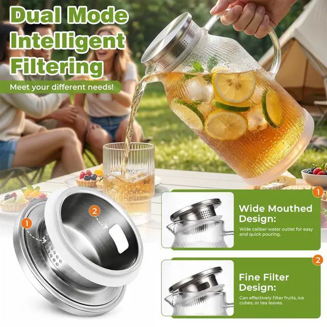 Alt view image 2 of 7 - 1 Gallon/3.8L Glass Pitcher with Lid, Extra Large Water Carafe Jug, Borosilicate Glass Iced Tea Pitcher, Glass Water Pitcher with Silicone Base, Leak-proof Ring & Cleaning Brush Included (Striped)