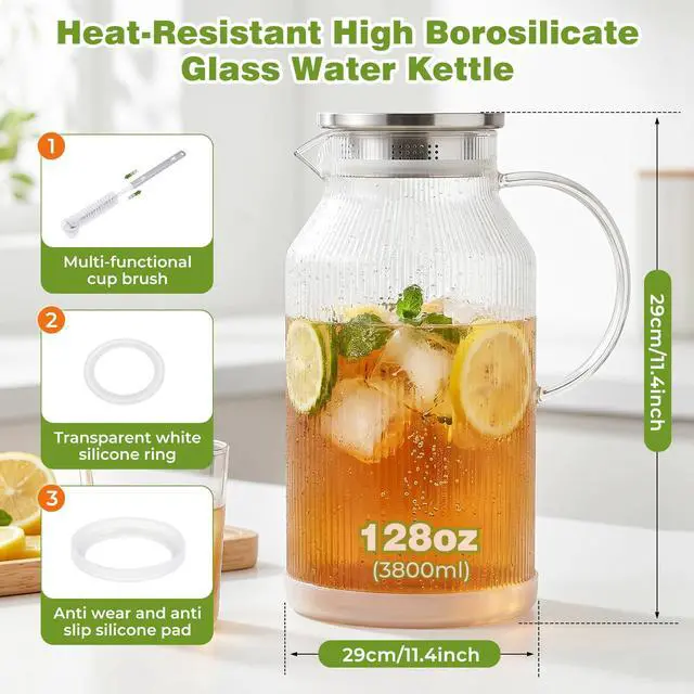 Alt view image 3 of 7 - 1 Gallon/3.8L Glass Pitcher with Lid, Extra Large Water Carafe Jug, Borosilicate Glass Iced Tea Pitcher, Glass Water Pitcher with Silicone Base, Leak-proof Ring & Cleaning Brush Included (Striped)