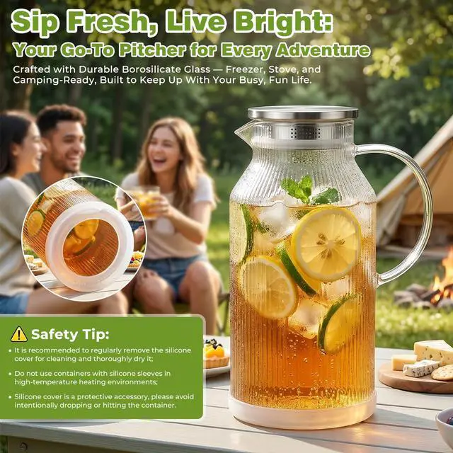 Alt view image 4 of 7 - 1 Gallon/3.8L Glass Pitcher with Lid, Extra Large Water Carafe Jug, Borosilicate Glass Iced Tea Pitcher, Glass Water Pitcher with Silicone Base, Leak-proof Ring & Cleaning Brush Included (Striped)
