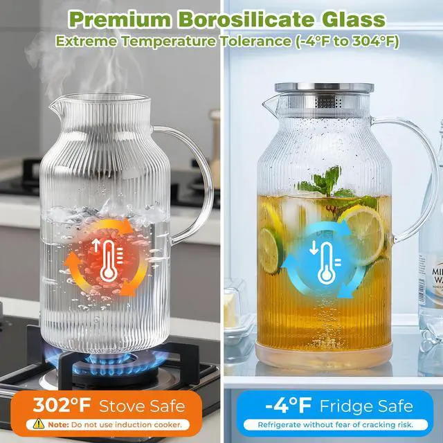 Alt view image 5 of 7 - 1 Gallon/3.8L Glass Pitcher with Lid, Extra Large Water Carafe Jug, Borosilicate Glass Iced Tea Pitcher, Glass Water Pitcher with Silicone Base, Leak-proof Ring & Cleaning Brush Included (Striped)