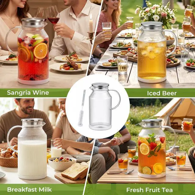 Alt view image 7 of 7 - 1 Gallon/3.8L Glass Pitcher with Lid, Extra Large Water Carafe Jug, Borosilicate Glass Iced Tea Pitcher, Glass Water Pitcher with Silicone Base, Leak-proof Ring & Cleaning Brush Included (Striped)
