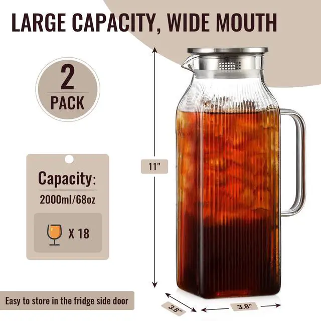 Alt view image 2 of 6 - 2 Pack 2 Liter/68 oz Square Glass Pitcher with Lid, Classic Stripes Water Pitchers with Handle for Fridge, Large Jug for Iced Tea, Borosilicate Glass Carafe for Hot/Cold Brew Drink, Silver