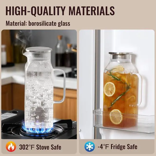 Alt view image 4 of 6 - 2 Pack 2 Liter/68 oz Square Glass Pitcher with Lid, Classic Stripes Water Pitchers with Handle for Fridge, Large Jug for Iced Tea, Borosilicate Glass Carafe for Hot/Cold Brew Drink, Silver