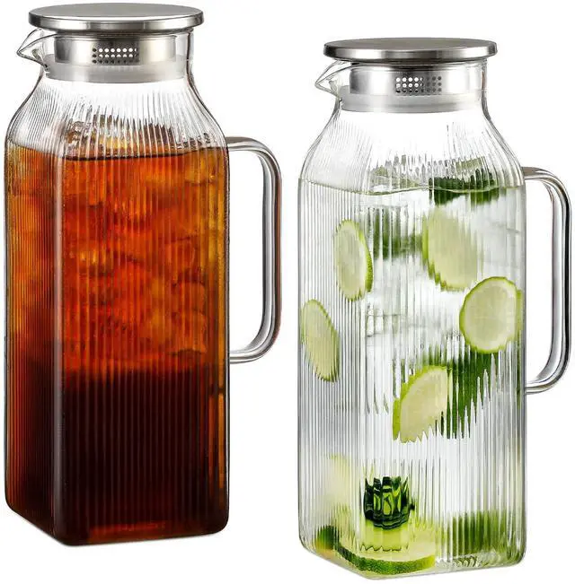 Main image of 2 Pack 2 Liter/68 oz Square Glass Pitcher with Lid, Classic Stripes Water Pitchers with Handle for Fridge, Large Jug for Iced Tea, Borosilicate Glass Carafe for Hot/Cold Brew Drink, Silver