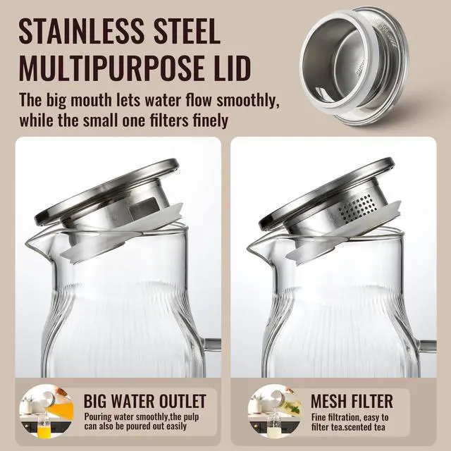 Alt view image 5 of 6 - 2 Pack 2 Liter/68 oz Square Glass Pitcher with Lid, Classic Stripes Water Pitchers with Handle for Fridge, Large Jug for Iced Tea, Borosilicate Glass Carafe for Hot/Cold Brew Drink, Silver