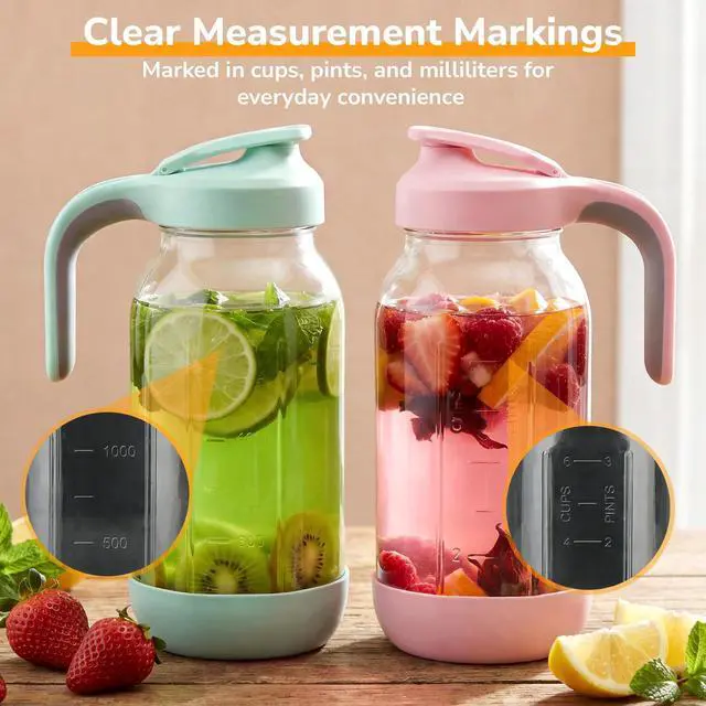 Alt view image 7 of 7 - 64 oz (2 Qt) Glass Mason Jar Pitcher with Pour Spout Lid & Handle