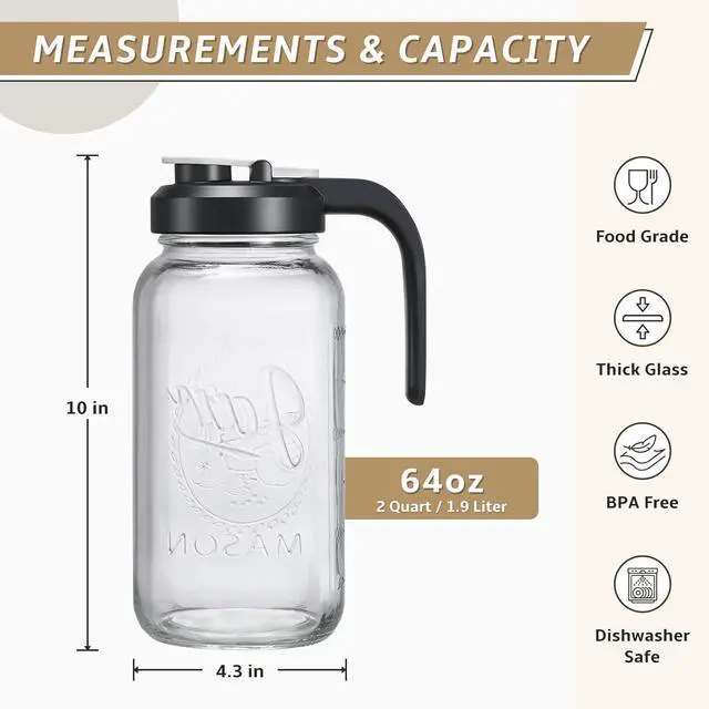 Alt view image 2 of 6 - Set of 2, Glass Pitcher with Lid - 2 Quart Mason Jar Pitcher with Filter Lid, Wide Mouth Jar Leak-proof Water Jug, Heavy Duty Container for Water, Juice, Milk, Tea, Iced Coffee, and Drinks