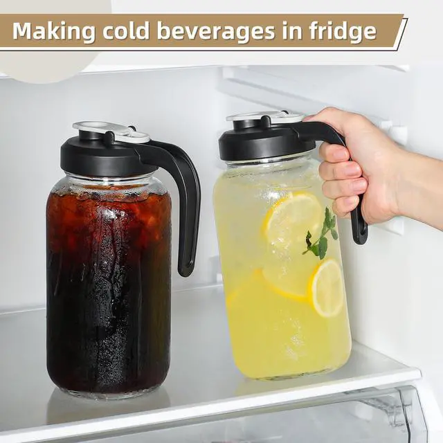 Alt view image 6 of 6 - Set of 2, Glass Pitcher with Lid - 2 Quart Mason Jar Pitcher with Filter Lid, Wide Mouth Jar Leak-proof Water Jug, Heavy Duty Container for Water, Juice, Milk, Tea, Iced Coffee, and Drinks