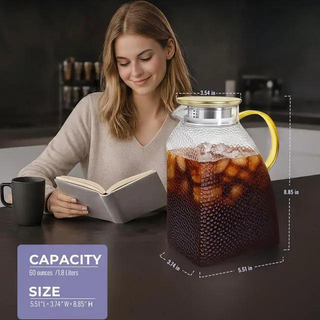 Alt view image 3 of 7 - Glass Pitcher With Lid and Spout, 1.8 Liter 60 oz Glass Pitchers With Handle And Lid, Jug Water Pitchers For Fridge, Carafe Jar for Hot/Cold Water Iced Tea Juice Coffee Milk Beverage