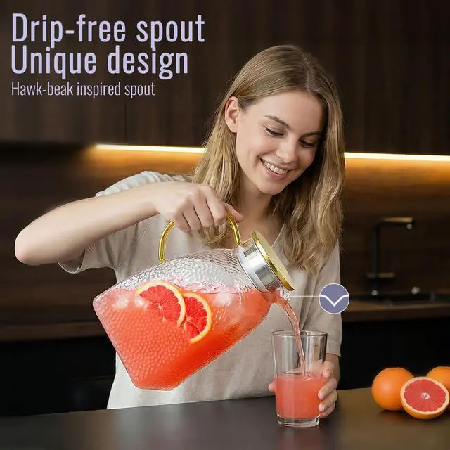Alt view image 5 of 7 - Glass Pitcher With Lid and Spout, 1.8 Liter 60 oz Glass Pitchers With Handle And Lid, Jug Water Pitchers For Fridge, Carafe Jar for Hot/Cold Water Iced Tea Juice Coffee Milk Beverage