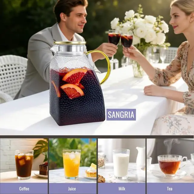Alt view image 6 of 7 - Glass Pitcher With Lid and Spout, 1.8 Liter 60 oz Glass Pitchers With Handle And Lid, Jug Water Pitchers For Fridge, Carafe Jar for Hot/Cold Water Iced Tea Juice Coffee Milk Beverage