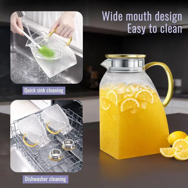 Alt view image 7 of 7 - Glass Pitcher With Lid and Spout, 1.8 Liter 60 oz Glass Pitchers With Handle And Lid, Jug Water Pitchers For Fridge, Carafe Jar for Hot/Cold Water Iced Tea Juice Coffee Milk Beverage