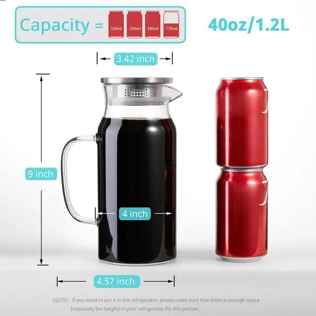 Alt view image 2 of 7 - 1.2 Liter 40 oz Small Glass Pitcher with Lid and Handle, Glass Carafe for Hot/Cold Water, Iced Tea Jug for Coffee, Juice and Homemade Beverage