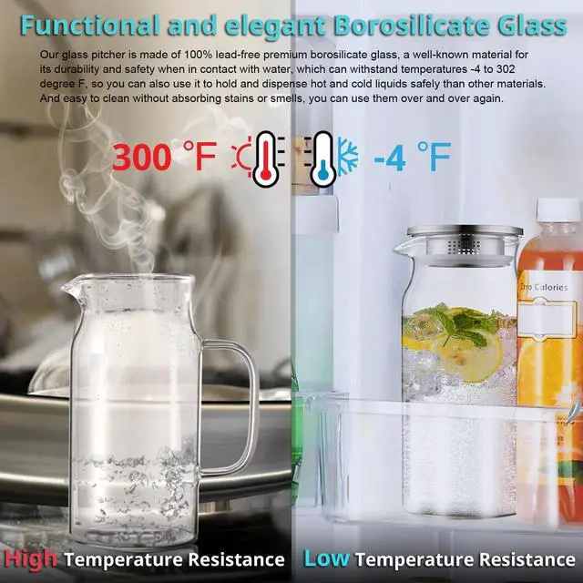 Alt view image 5 of 7 - 1.2 Liter 40 oz Small Glass Pitcher with Lid and Handle, Glass Carafe for Hot/Cold Water, Iced Tea Jug for Coffee, Juice and Homemade Beverage