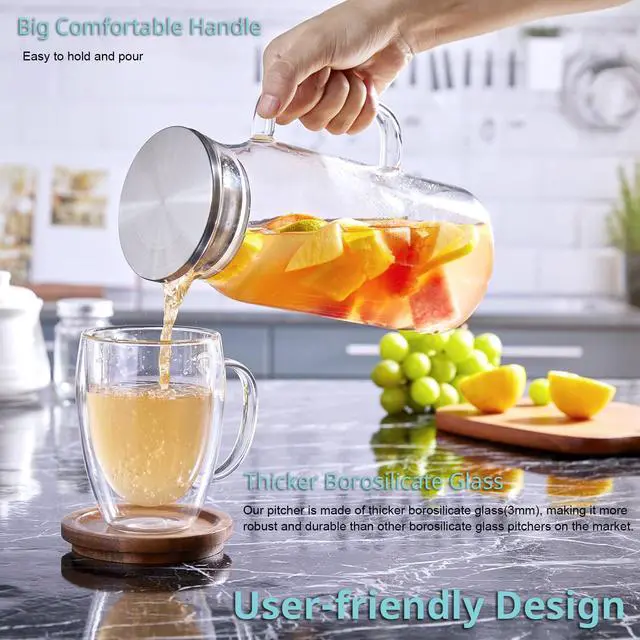 Alt view image 3 of 7 - 1.2 Liter 40 oz Small Glass Pitcher with Lid and Handle, Glass Carafe for Hot/Cold Water, Iced Tea Jug for Coffee, Juice and Homemade Beverage