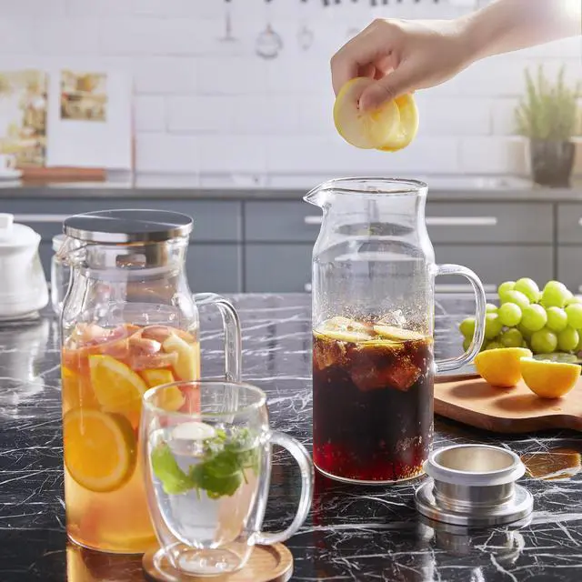 Alt view image 7 of 7 - 1.2 Liter 40 oz Small Glass Pitcher with Lid and Handle, Glass Carafe for Hot/Cold Water, Iced Tea Jug for Coffee, Juice and Homemade Beverage