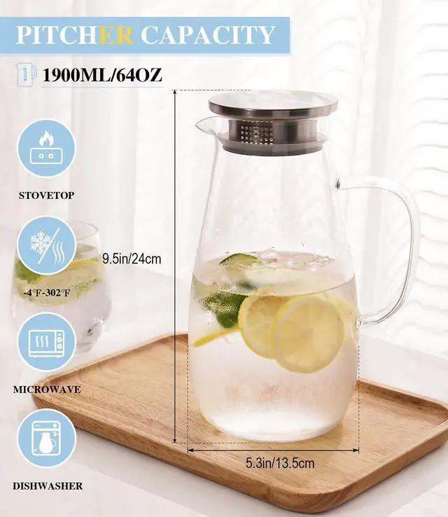 Alt view image 2 of 6 - Borosilicate Glass Pitcher with Lid and Handle, 64oz for Hot Cold Beverages