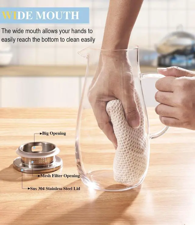 Alt view image 5 of 6 - Borosilicate Glass Pitcher with Lid and Handle, 64oz for Hot Cold Beverages
