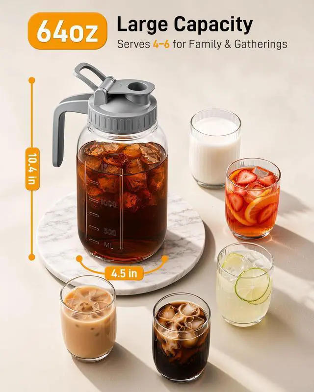 Alt view image 2 of 7 - 64 oz Mason Jar Pitcher, Glass Pitcher with Lid for Sun Tea & Iced Tea