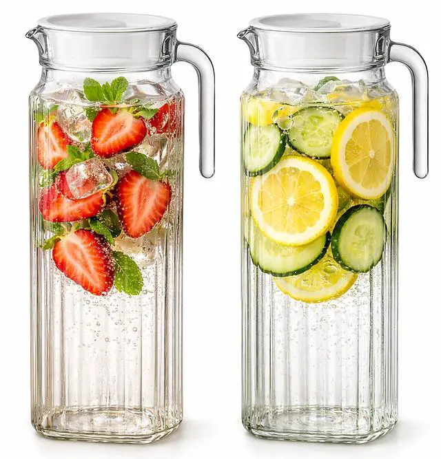 Main image of Glass Pitcher with Lid 2 Pack 34 oz Glass Water Pitcher with Handle, Ribbed Glass Container with Lid and Vented Spout for Fridge Shelf, Iced Tea, Lemonade, Juice