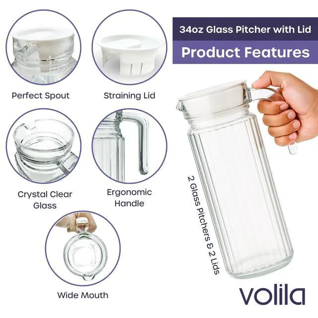 Alt view image 3 of 7 - Glass Pitcher with Lid 2 Pack 34 oz Glass Water Pitcher with Handle, Ribbed Glass Container with Lid and Vented Spout for Fridge Shelf, Iced Tea, Lemonade, Juice