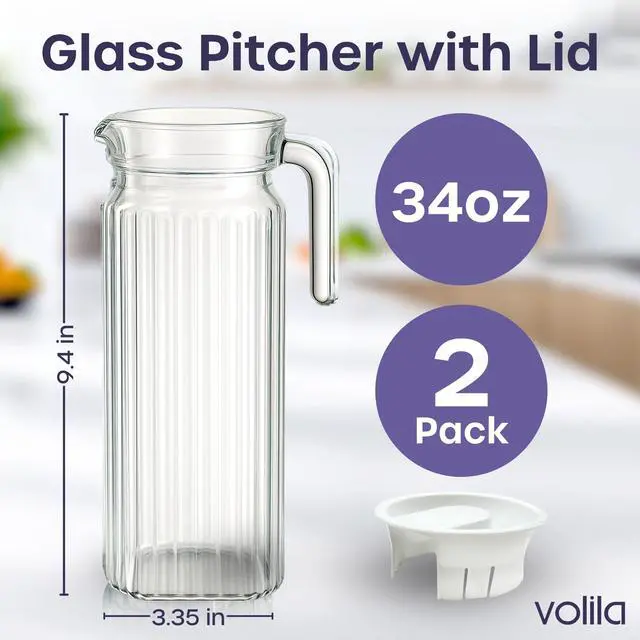 Alt view image 2 of 7 - Glass Pitcher with Lid 2 Pack 34 oz Glass Water Pitcher with Handle, Ribbed Glass Container with Lid and Vented Spout for Fridge Shelf, Iced Tea, Lemonade, Juice