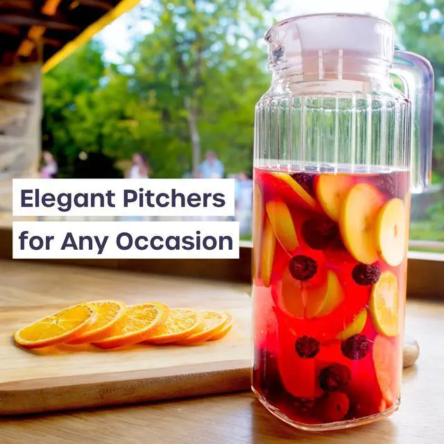 Alt view image 6 of 7 - Glass Pitcher with Lid 2 Pack 34 oz Glass Water Pitcher with Handle, Ribbed Glass Container with Lid and Vented Spout for Fridge Shelf, Iced Tea, Lemonade, Juice
