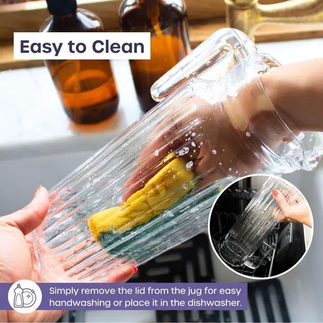Alt view image 7 of 7 - Glass Pitcher with Lid 2 Pack 34 oz Glass Water Pitcher with Handle, Ribbed Glass Container with Lid and Vented Spout for Fridge Shelf, Iced Tea, Lemonade, Juice