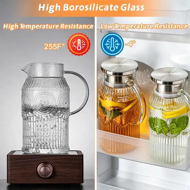 Alt view image 3 of 7 - 68 oz Glass Water Pitcher with Handle and Lid Borosilicate Tea Carafe