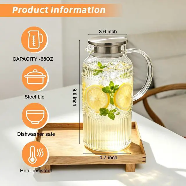 Alt view image 2 of 7 - 68 oz Glass Water Pitcher with Handle and Lid Borosilicate Tea Carafe