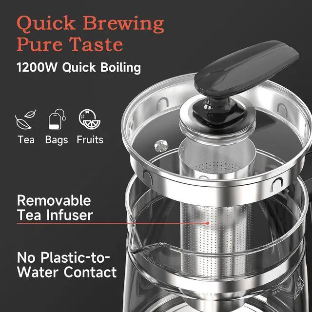 Alt view image 3 of 7 - Hot Tea Maker Glass Electric Kettle with Infuser and Temperature Control,1.5L Stainless Steel 1200W Rapid Boiling,Programmable Control for your Favorite Teas and Coffee,Black