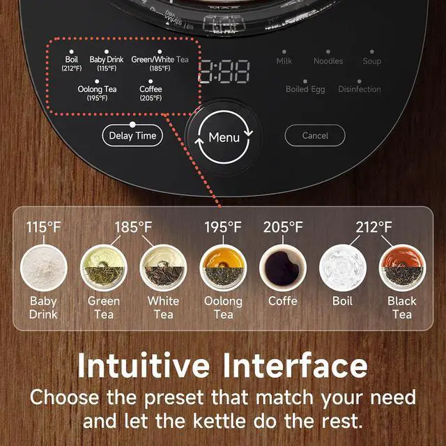 Alt view image 4 of 7 - Hot Tea Maker Glass Electric Kettle with Infuser and Temperature Control,1.5L Stainless Steel 1200W Rapid Boiling,Programmable Control for your Favorite Teas and Coffee,Black