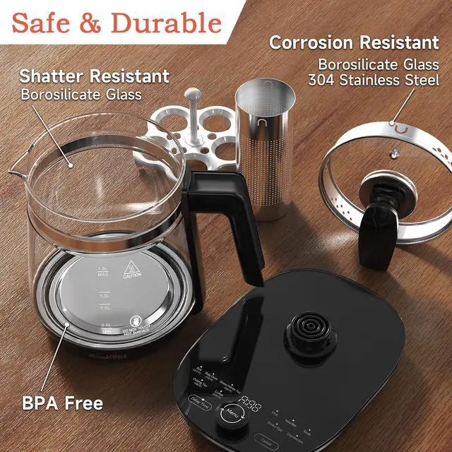 Alt view image 6 of 7 - Hot Tea Maker Glass Electric Kettle with Infuser and Temperature Control,1.5L Stainless Steel 1200W Rapid Boiling,Programmable Control for your Favorite Teas and Coffee,Black
