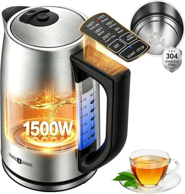 Main image of 1.7L Electric Tea Kettle, 6 Precise Temperature Presets Stainless Steel Electric Kettle Temperature Control,1500W Fast Boiling Hot Water for Oolong & Green Tea with Strix Control