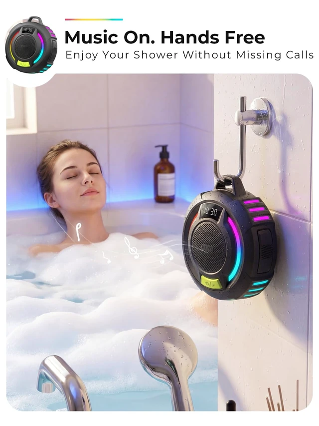 Alt view image 5 of 7 - Bluetooth Shower Speaker IP67 Waterproof Portable Speakers Wireless Speaker Bluetooth 6.0, 18H Playtime, RGB LED Light, TWS, Display with Hook for Shower, Pool, Trave, Beach, Kayak & Outdoor