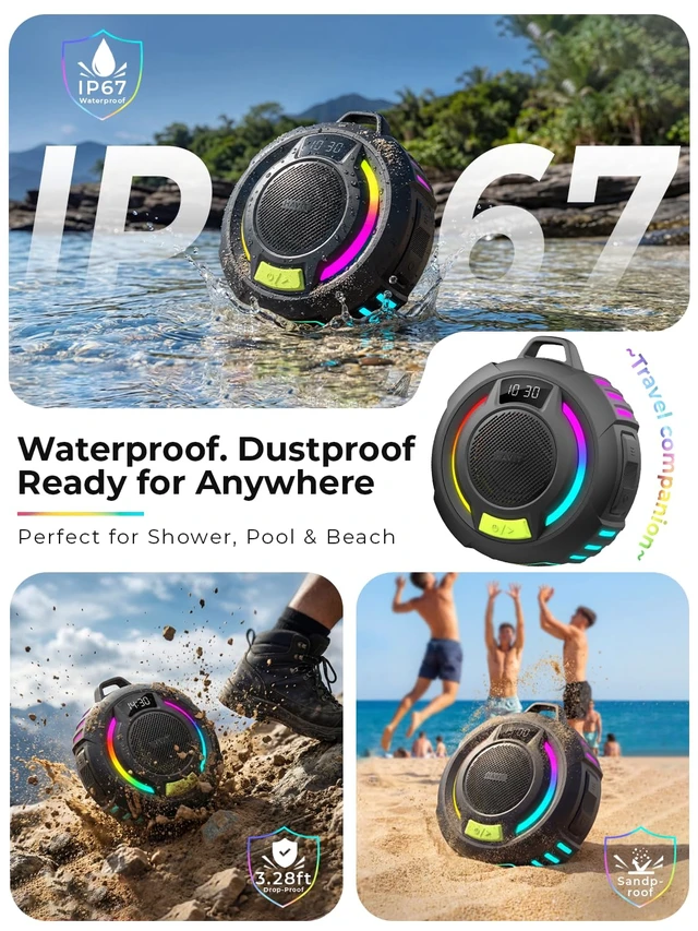 Alt view image 2 of 7 - Bluetooth Shower Speaker IP67 Waterproof Portable Speakers Wireless Speaker Bluetooth 6.0, 18H Playtime, RGB LED Light, TWS, Display with Hook for Shower, Pool, Trave, Beach, Kayak & Outdoor