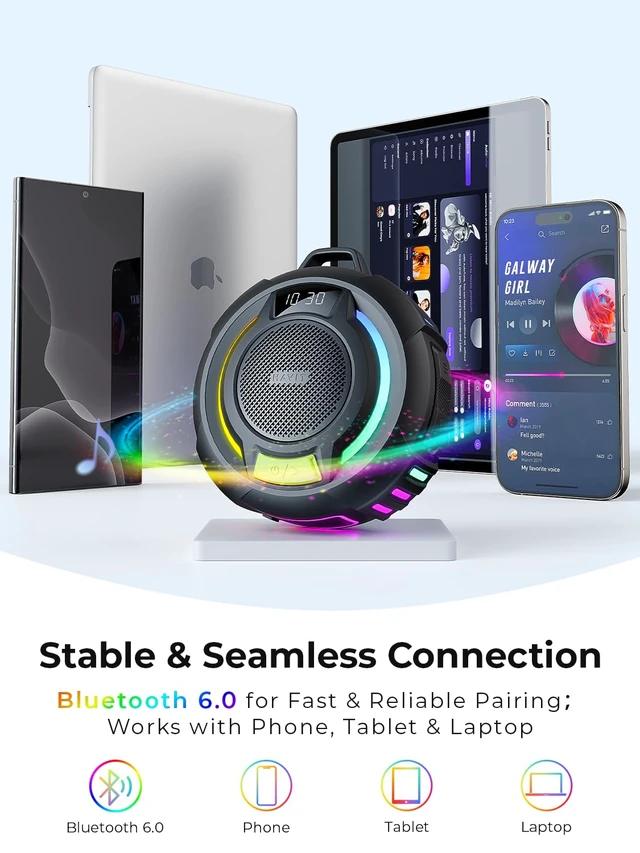 Alt view image 4 of 7 - Bluetooth Shower Speaker IP67 Waterproof Portable Speakers Wireless Speaker Bluetooth 6.0, 18H Playtime, RGB LED Light, TWS, Display with Hook for Shower, Pool, Trave, Beach, Kayak & Outdoor