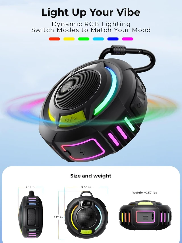 Alt view image 6 of 7 - Bluetooth Shower Speaker IP67 Waterproof Portable Speakers Wireless Speaker Bluetooth 6.0, 18H Playtime, RGB LED Light, TWS, Display with Hook for Shower, Pool, Trave, Beach, Kayak & Outdoor