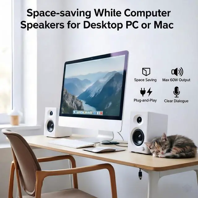 Alt view image 4 of 7 - Powered Computer Speakers for Gaming and Music, White Pair