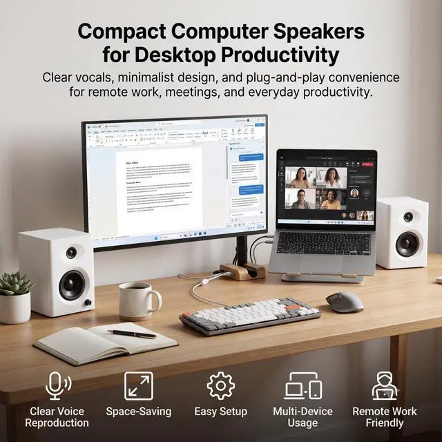 Alt view image 3 of 7 - Powered Computer Speakers for Gaming and Music, White Pair