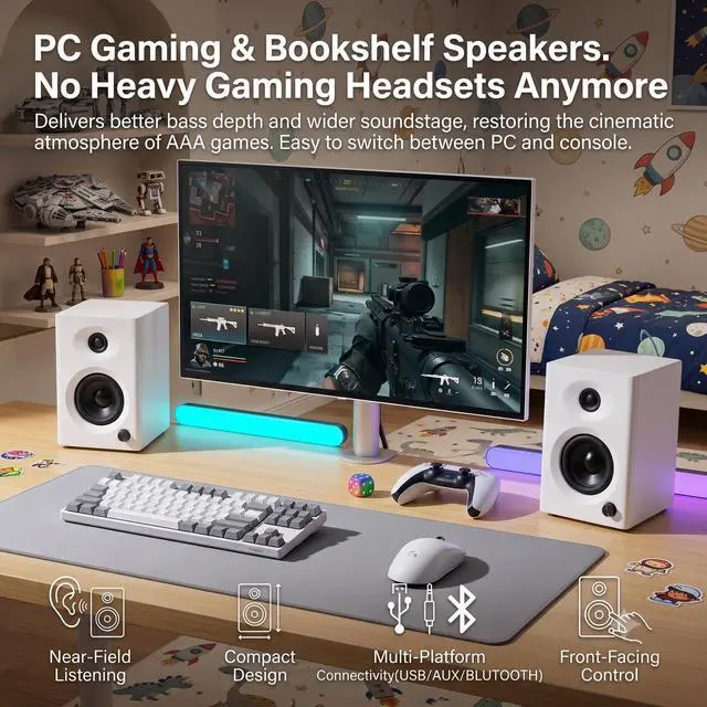 Alt view image 2 of 7 - Powered Computer Speakers for Gaming and Music, White Pair