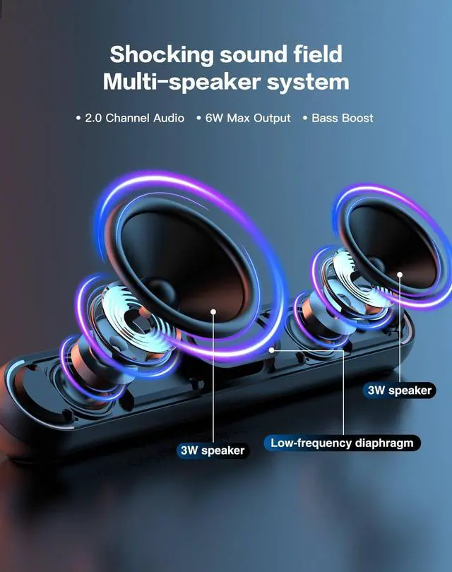 Alt view image 2 of 7 - Desktop Computer Speakers, Stereo Soundbar, Bluetooth 5.3, USB/USB-C Power and Audio Transmission, Plug-and-Play, Compatible with PC, Mac, Laptops, Monitors, RGB Lighting, Wired Gaming Speakers