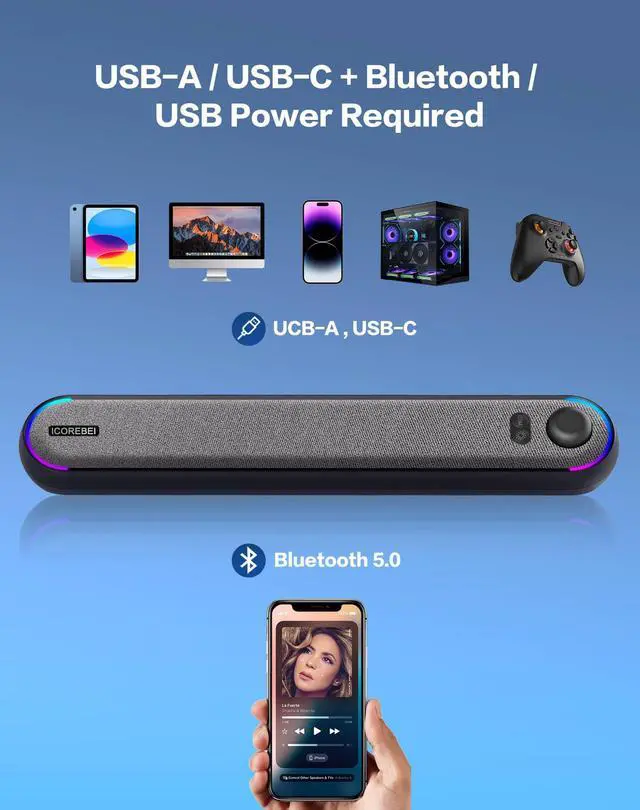 Alt view image 3 of 7 - Desktop Computer Speakers, Stereo Soundbar, Bluetooth 5.3, USB/USB-C Power and Audio Transmission, Plug-and-Play, Compatible with PC, Mac, Laptops, Monitors, RGB Lighting, Wired Gaming Speakers