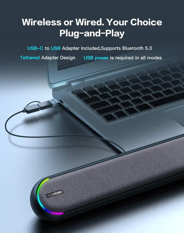 Alt view image 4 of 7 - Desktop Computer Speakers, Stereo Soundbar, Bluetooth 5.3, USB/USB-C Power and Audio Transmission, Plug-and-Play, Compatible with PC, Mac, Laptops, Monitors, RGB Lighting, Wired Gaming Speakers