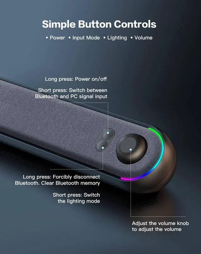 Alt view image 7 of 7 - Desktop Computer Speakers, Stereo Soundbar, Bluetooth 5.3, USB/USB-C Power and Audio Transmission, Plug-and-Play, Compatible with PC, Mac, Laptops, Monitors, RGB Lighting, Wired Gaming Speakers