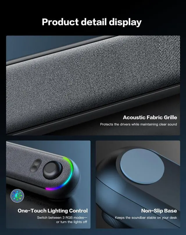 Alt view image 6 of 7 - Desktop Computer Speakers, Stereo Soundbar, Bluetooth 5.3, USB/USB-C Power and Audio Transmission, Plug-and-Play, Compatible with PC, Mac, Laptops, Monitors, RGB Lighting, Wired Gaming Speakers