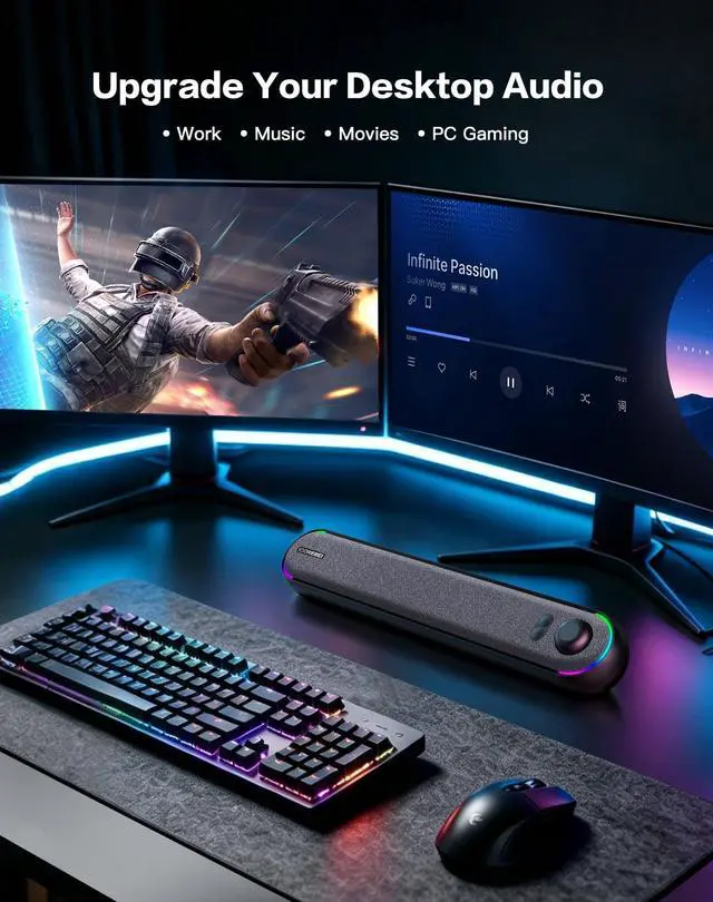 Alt view image 5 of 7 - Desktop Computer Speakers, Stereo Soundbar, Bluetooth 5.3, USB/USB-C Power and Audio Transmission, Plug-and-Play, Compatible with PC, Mac, Laptops, Monitors, RGB Lighting, Wired Gaming Speakers