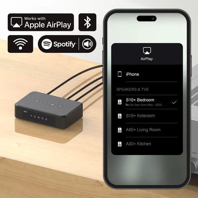 Alt view image 2 of 7 - S10+ WiFi & Bluetooth Music Streamer for Home Stereo, AirPlay Receiver with Spotify Connect, Multiroom Audio System, Upgrade Old Speakers with Clearer HiFi Sound, Optical & RCA Output